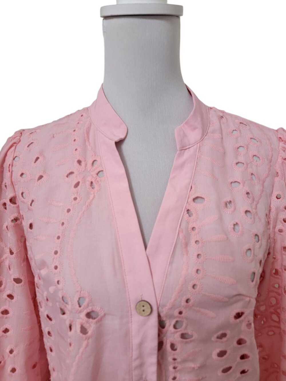 SHEIN Size S (4) Pink Hollow Out Embroidered Collared Button Down Eyelet Shirt - Picture 2 of 10